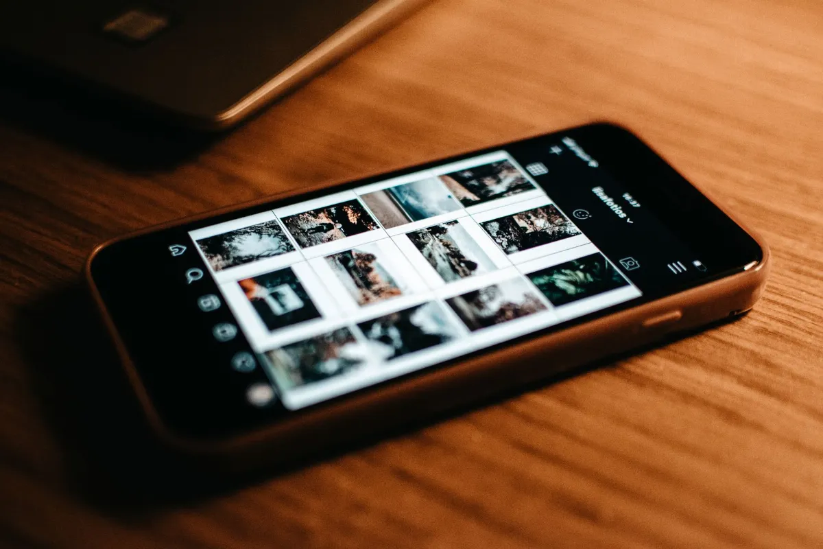 Celular con una galería de fotos de productos, lista para compartir un catálogo en el Estado de WhatsApp
