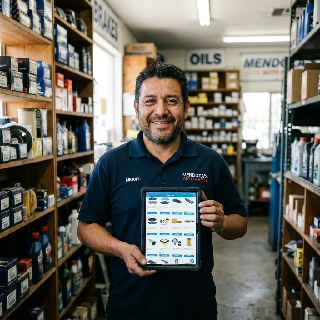 Dueño de un negocio de repuestos mostrando su catálogo digital en una tablet, sonriendo en su tienda