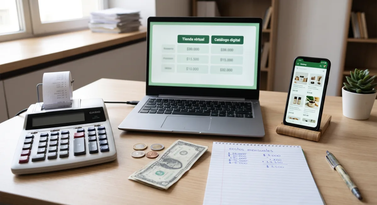 Calculadora, laptop con tabla comparativa de precios y celular con catálogo digital sobre un escritorio, representando cuánto cuesta una tienda virtual
