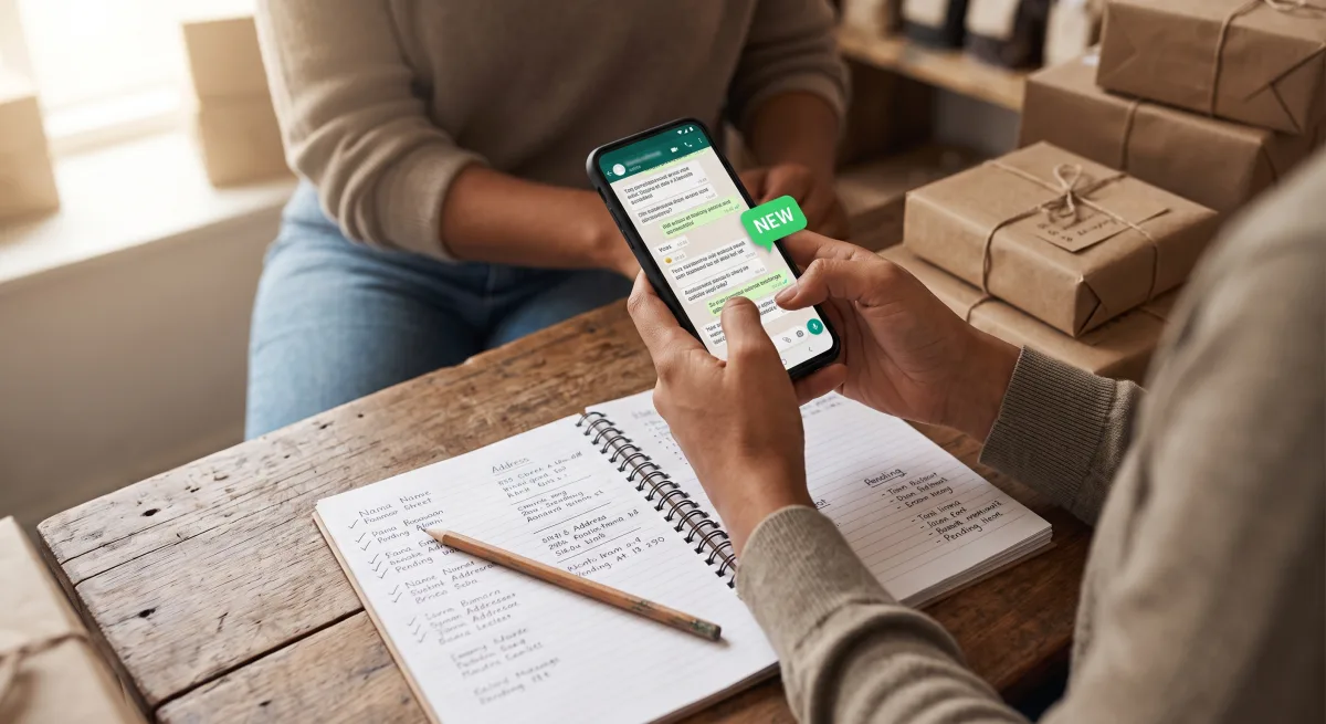 Persona respondiendo varios mensajes de clientes por WhatsApp junto a una libreta de pedidos organizados sobre un mostrador de negocio