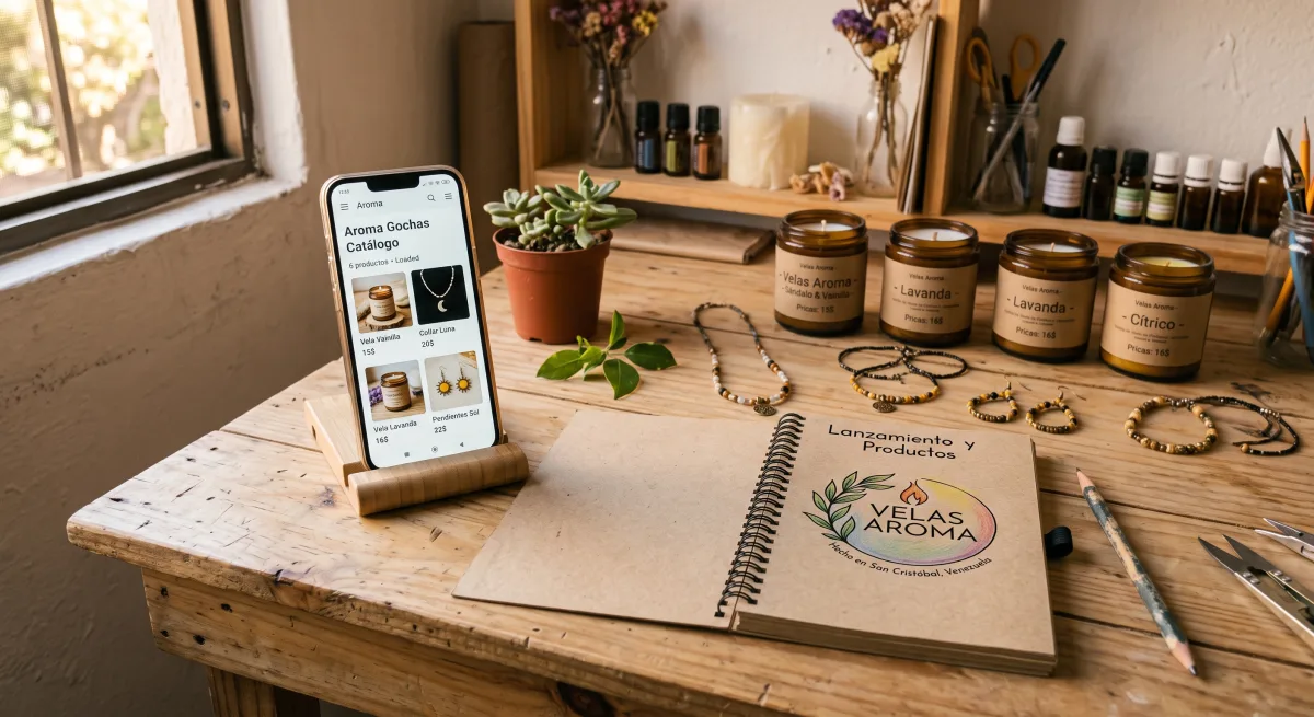 Catálogo para negocio pequeño mostrado en celular junto a productos artesanales de un emprendimiento recién iniciado