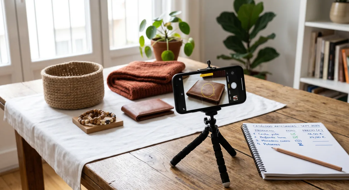 Sesión de fotos casera para catálogo con celular en trípode, productos sobre fondo blanco y libreta con lista de precios
