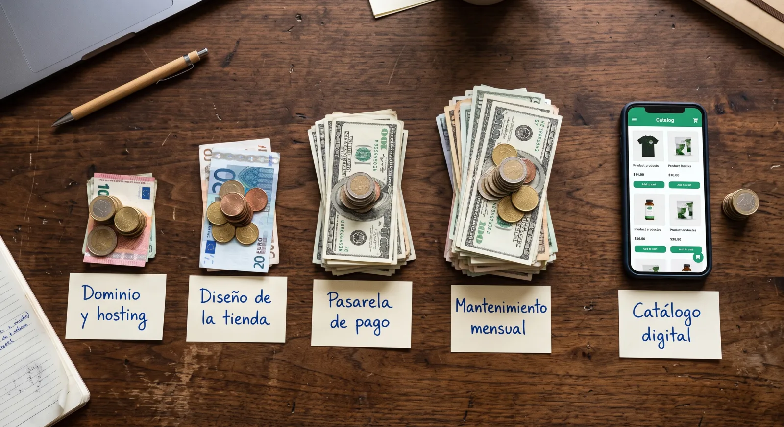 Comparación de pilas de dinero representando los distintos costos de una tienda virtual frente al costo menor de un catálogo digital