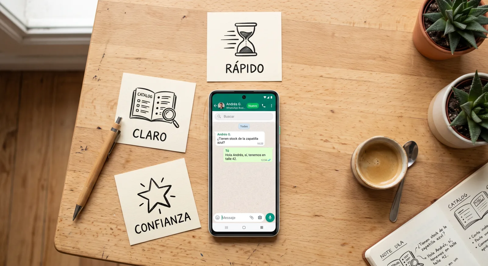 Celular con WhatsApp Business rodeado de tarjetas que representan responder rápido, mostrar catálogo claro y generar confianza para ganar clientes